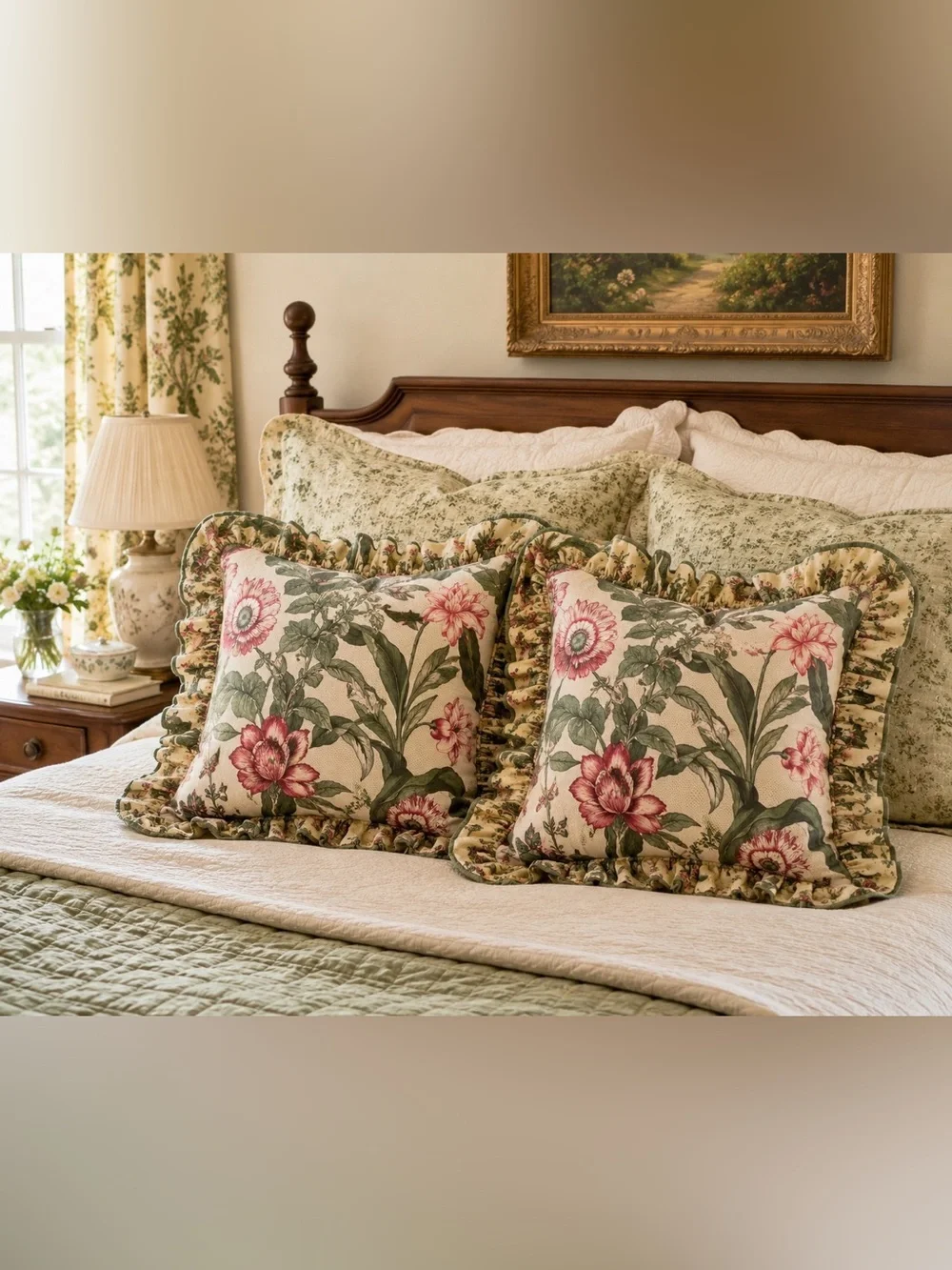 Set of 2 Floral Decorative Throw Pillows Pink Green Cream Vintage Style